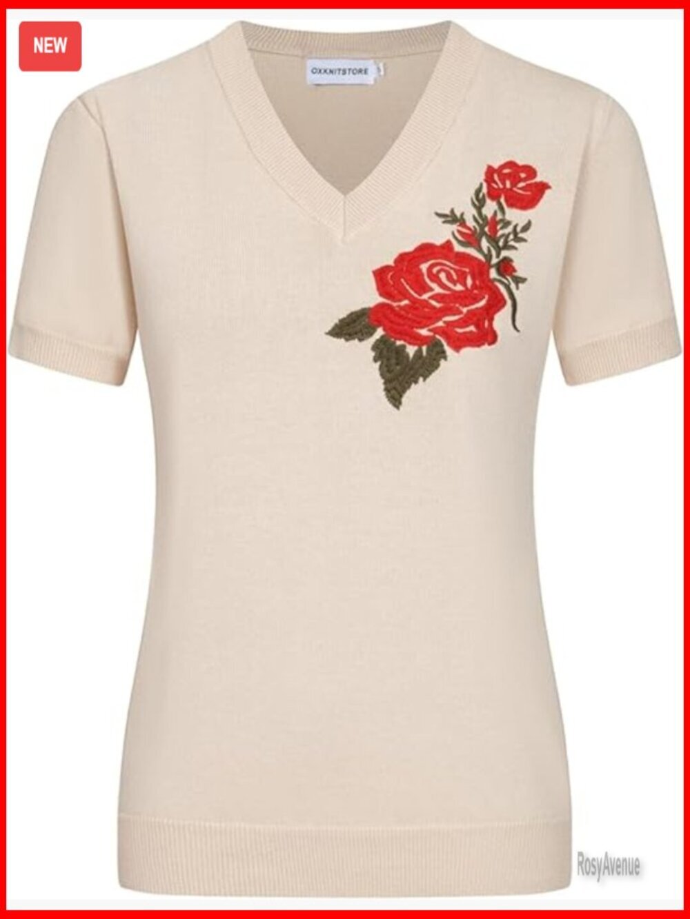 Vintage Floral Knit Cotton T-Shirt Short Sleeve V-Neck Regular Fit